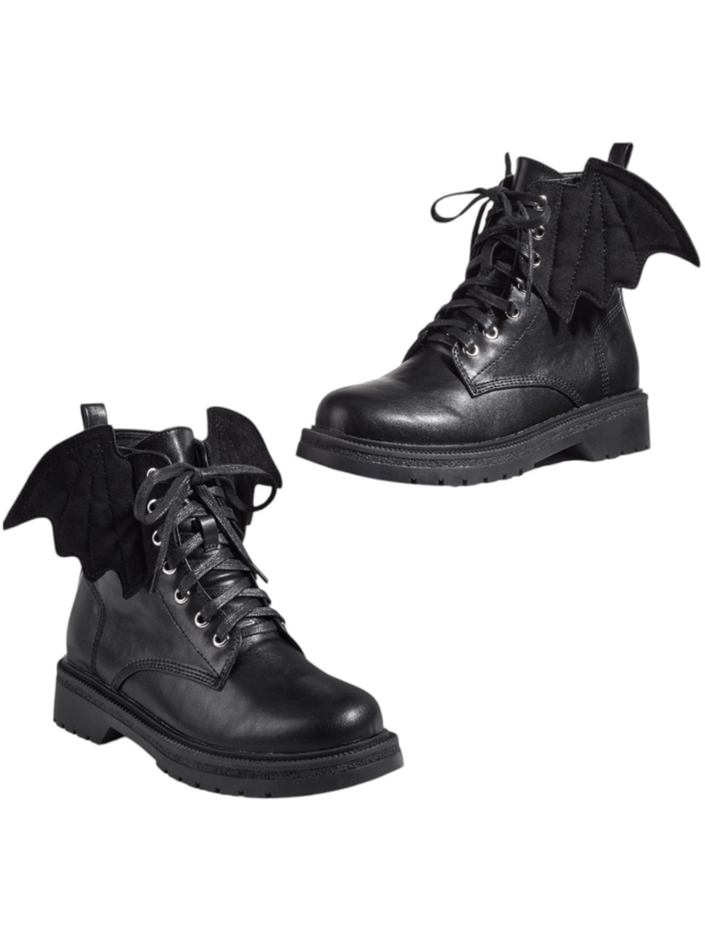 Bat Wing Combat Boots NEW 5 Black Lace-Up Lug Sole Ankle Smooth Vegan Leather